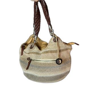The Sak Indio Beige Sand Stripe Crochet Slouchy Hobo Braided Strap Shoulder Bag
